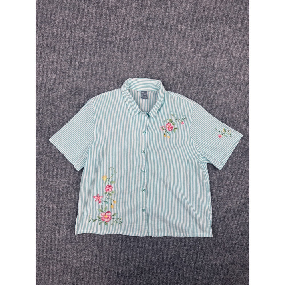 Women's Koret Stripe‎ Floral Size L Teal Stripe Button Up Embroidery Excellent